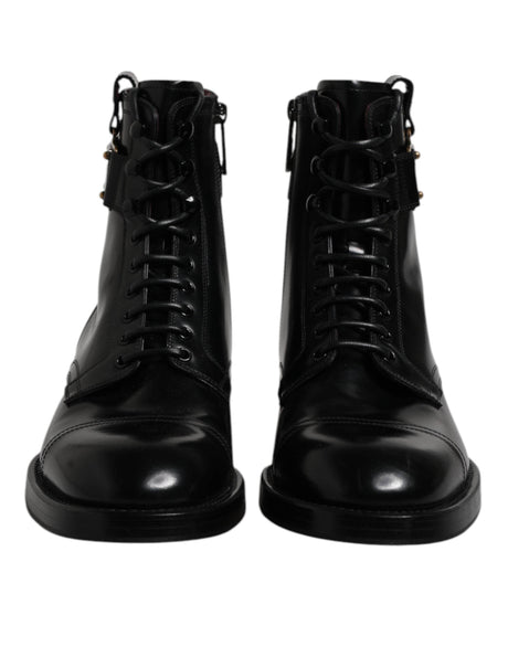 Dolce & Gabbana Black Leather Mid Calf Boots Lace Up Shoes - Hilstor