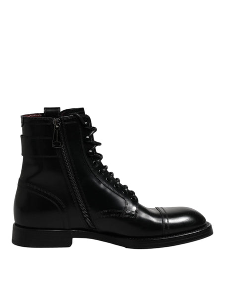 Dolce & Gabbana Black Leather Mid Calf Boots Lace Up Shoes - Hilstor