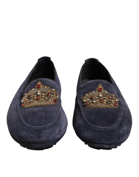 Dolce & Gabbana Blue Suede Crown Crystal Loafers Dress Shoes - Hilstor