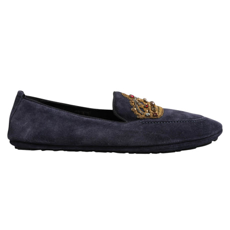 Dolce & Gabbana Blue Suede Crown Crystal Loafers Dress Shoes - Hilstor