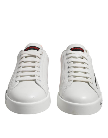 Dolce & Gabbana White Red Logo Low Top Leather Sneakers Shoes - Hilstor