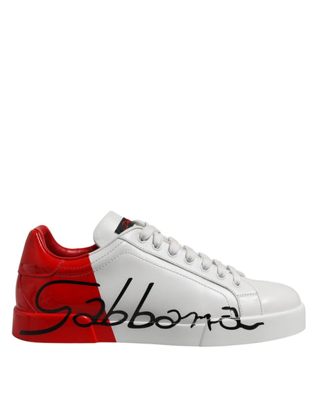 Dolce & Gabbana White Red Logo Low Top Leather Sneakers Shoes - Hilstor