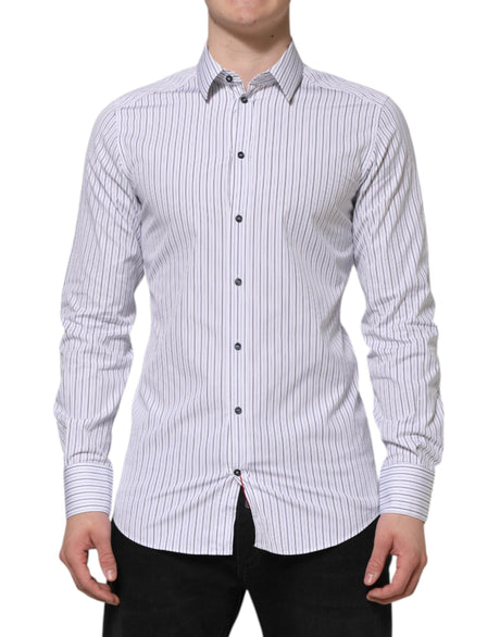 Dolce & Gabbana White Blue Striped Cotton GOLD Formal Shirt - Hilstor
