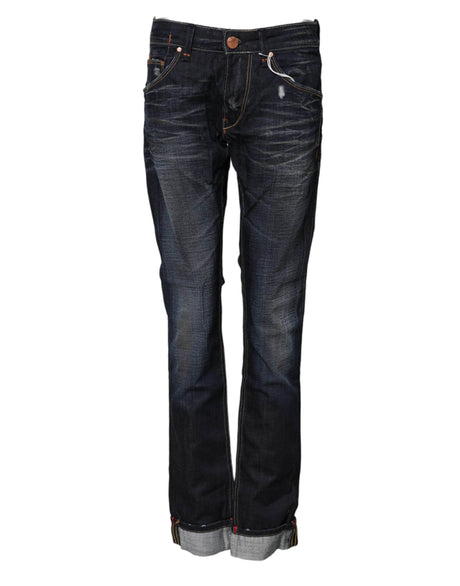 Acht Blue Washed Cotton Mid Waist Flared Denim Jeans - Hilstor