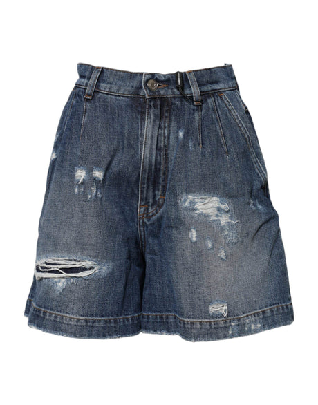 Dolce & Gabbana Blue Cotton Tattered Denim Bermuda Shorts - Hilstor