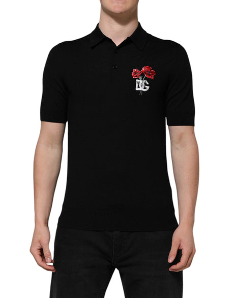 Dolce & Gabbana Black Wool DG Logo Rose Collared Polo T-shirt - Hilstor
