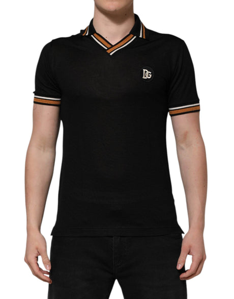 Dolce & Gabbana Black DG Silk V-neck Collared Men Polo T-shirt - Hilstor