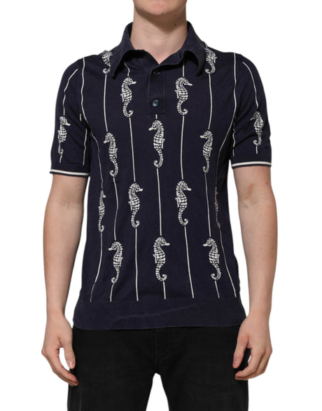 Dolce & Gabbana Dark Blue Sea Horse Collared Polo T-shirt - Hilstor