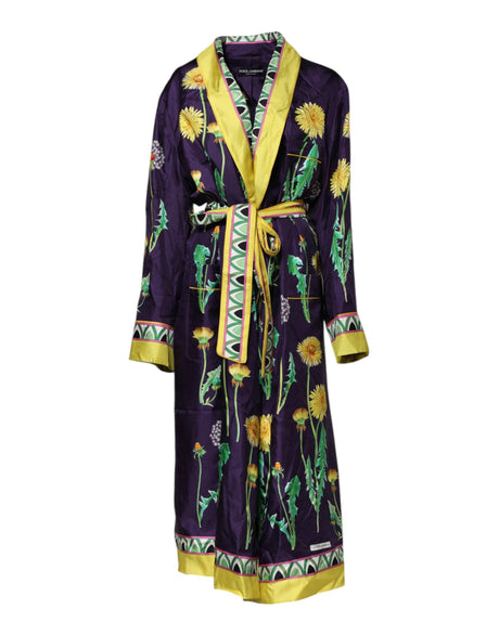 Dolce & Gabbana Blue Floral Print Silk Long Sleeves Wrap Robe - Hilstor