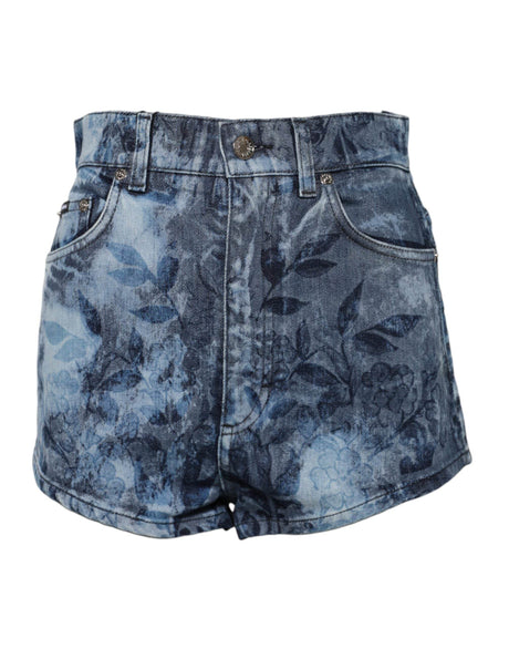 Dolce & Gabbana Blue Floral Print Denim Cotton Hot Pants Shorts - Hilstor