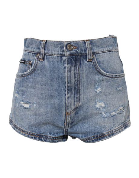 Dolce & Gabbana Blue Logo Plaque Denim Cotton Hot Pants Shorts - Hilstor