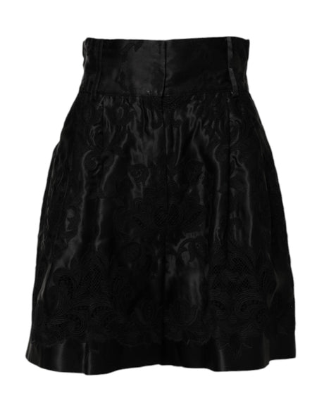 Dolce & Gabbana Black Floral Embroidery Silk High Waist Shorts - Hilstor