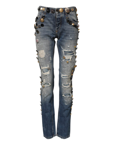 Dolce & Gabbana Blue Embellished Tattered SkinnyDenim Jeans - Hilstor