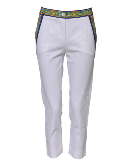 Dolce & Gabbana White Cotton Mid Waist Tapered Trouser Pants - Hilstor