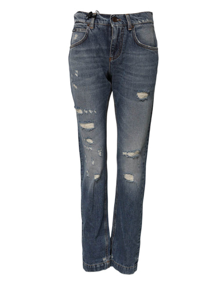 Dolce & Gabbana Blue Cotton Tattered Mid Waist Denim Jeans - Hilstor