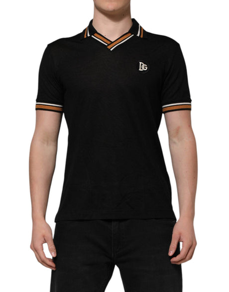 Dolce & Gabbana Black DG Silk Vneck Collared Men Polo T-shirt - Hilstor