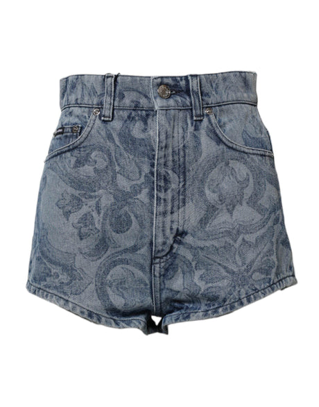 Dolce & Gabbana Blue Floral Print Denim Cotton Hot Pants Shorts - Hilstor