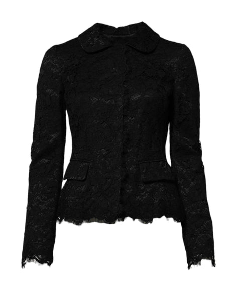 Dolce & Gabbana Black Floral Lace Cotton Collared Jacket - Hilstor