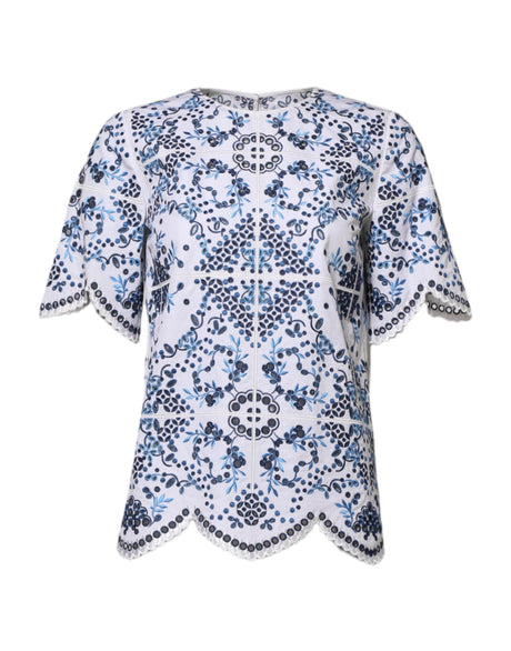 Dolce & Gabbana Blue Lace Eyelet Crew Neck Blouse Top - Hilstor