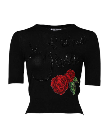 Dolce & Gabbana Black Rose Sequin Embellishments Blouse Top - Hilstor