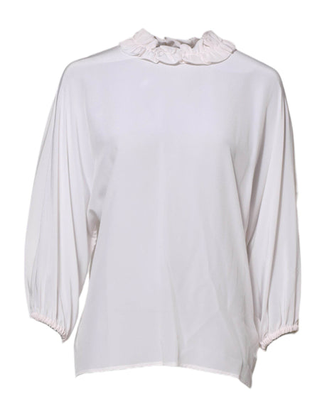 Dolce & Gabbana White Ruffled Neckline Blouse Pullover Top - Hilstor