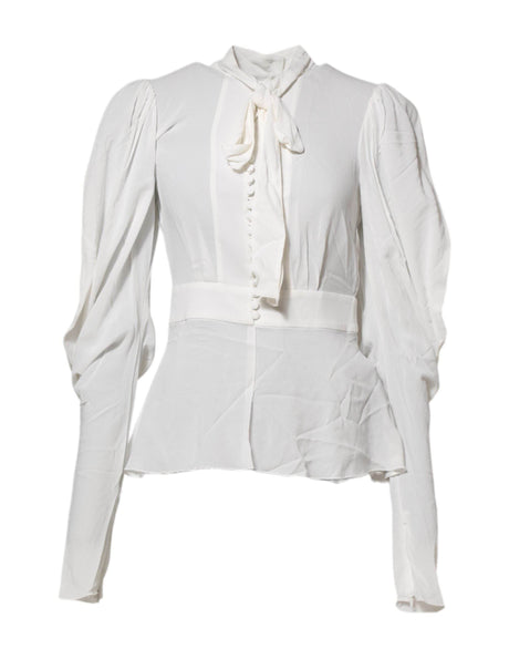 Dolce & Gabbana White Viscose Ascot Collar Long Sleeves Top - Hilstor