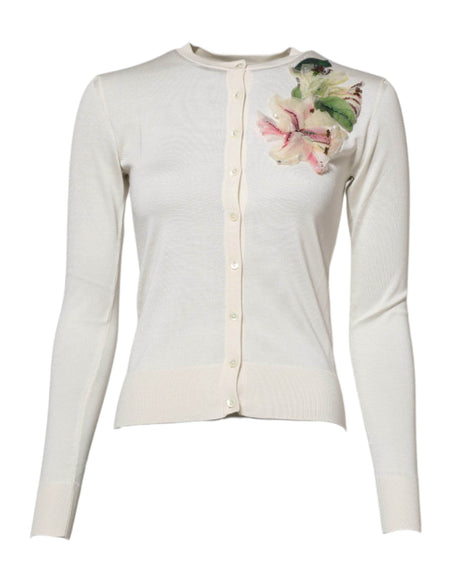 Dolce & Gabbana White Silk Lily Buttoned Cardigan Sweater - Hilstor