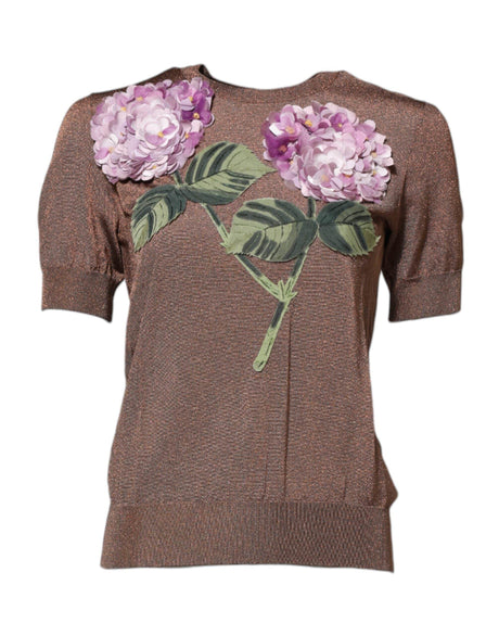 Dolce & Gabbana Brown Lily Embellished Round Neck Blouse Top - Hilstor