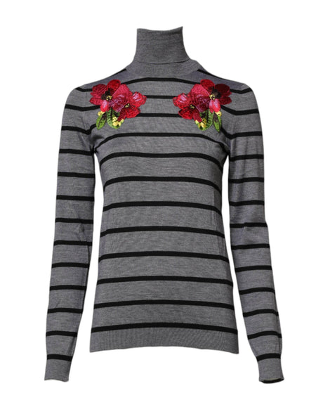 Dolce & Gabbana Gray Floral Embroidery Pullover Sweater - Hilstor