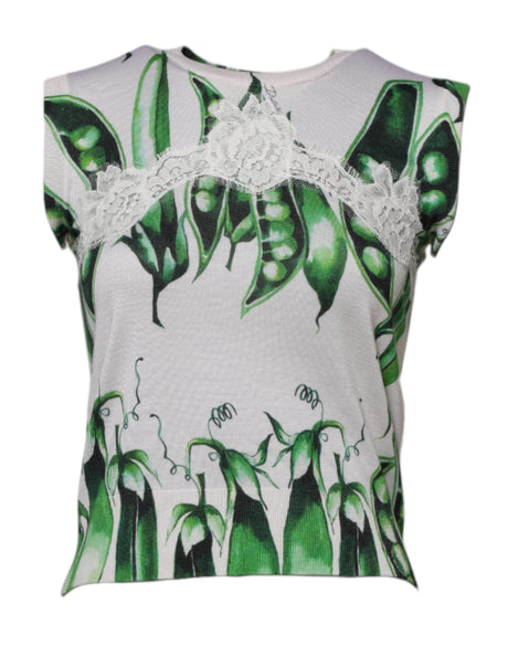 Dolce & Gabbana White Green Pea Print Sleeveless Blouse Top - Hilstor