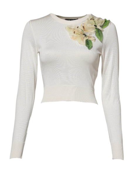 Dolce & Gabbana White Silk Lily Embellished Pullover Sweater - Hilstor