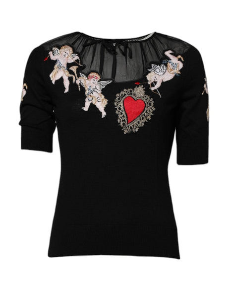 Dolce & Gabbana Black Sacred Heart Embroidered Crewneck Top - Hilstor