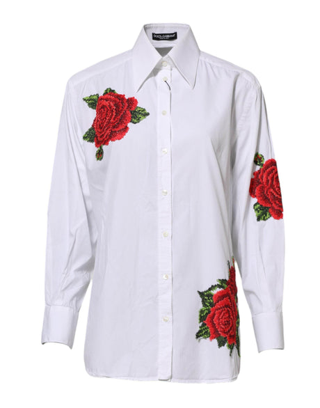 Dolce & Gabbana White Rose Embroidery Collared Shirt Top - Hilstor