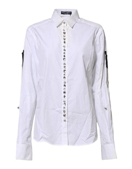 Dolce & Gabbana White Crystal Embellished Collared Shirt Top - Hilstor