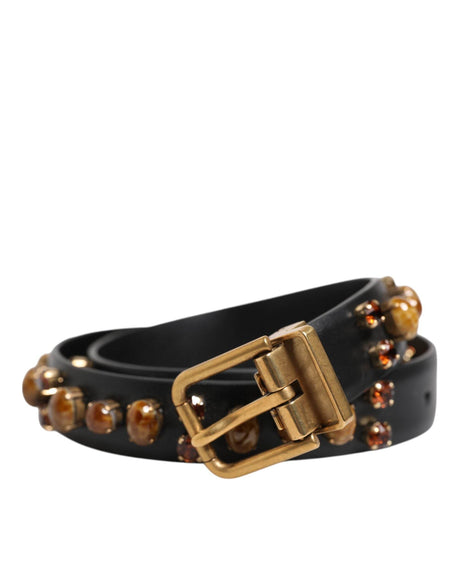 Dolce & Gabbana Black Leather Studded Gold Tone Buckle Belt - Hilstor