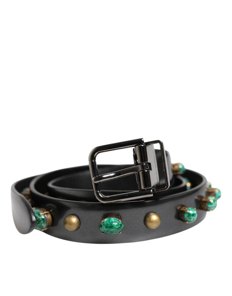 Dolce & Gabbana Black Leather Studded Silver Tone Buckle Belt - Hilstor