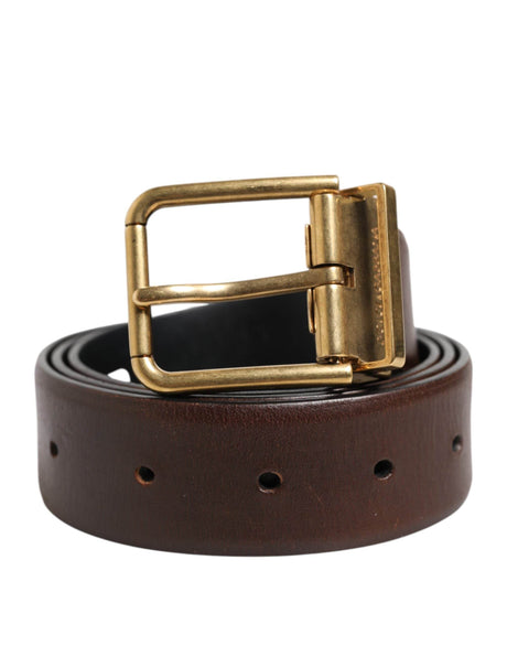 Dolce & Gabbana Brown Classic Gold Metal Logo Buckle Men Belt - Hilstor