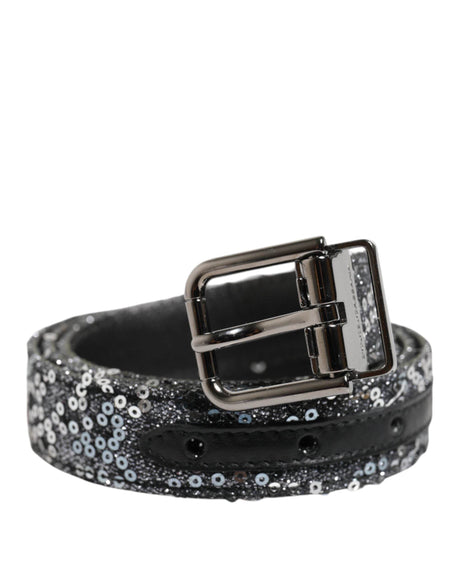 Dolce & Gabbana Black Sequins Silver Metal Logo Buckle Belt - Hilstor