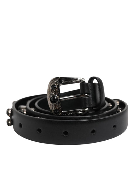 Dolce & Gabbana Black Studded Leather Metal Logo Buckle Belt - Hilstor