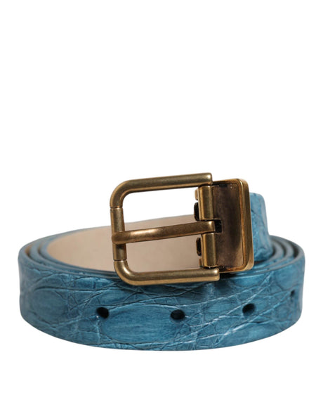 Dolce & Gabbana Blue Leather Classic Gold Metal Buckle Belt - Hilstor