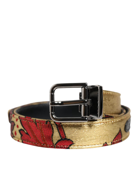 Dolce & Gabbana Gold Floral Jacquard Silver Metal Buckle Belt - Hilstor