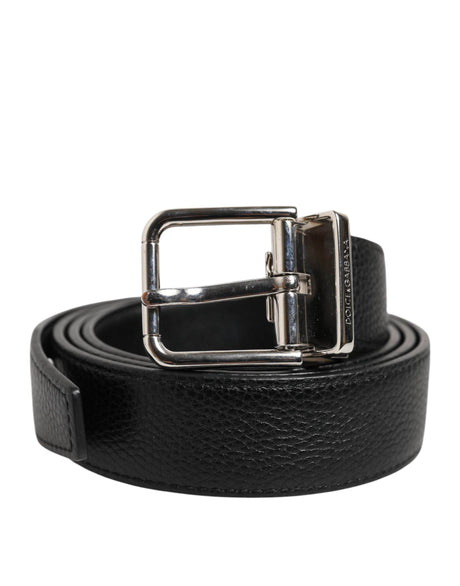 Dolce & Gabbana Black Classic Leather Silver Tone Buckle Belt - Hilstor