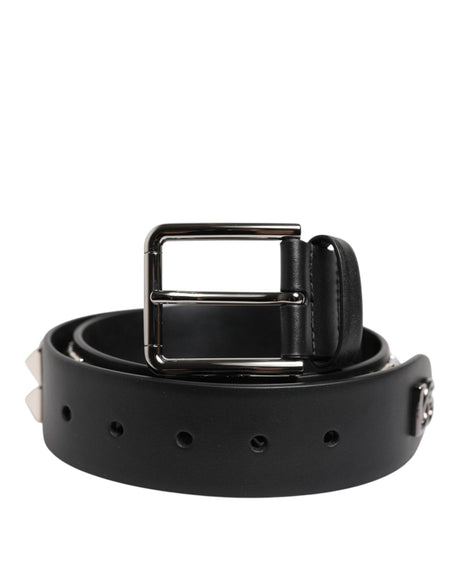 Dolce & Gabbana Black Leather Studded DG Metal Buckle Belt - Hilstor
