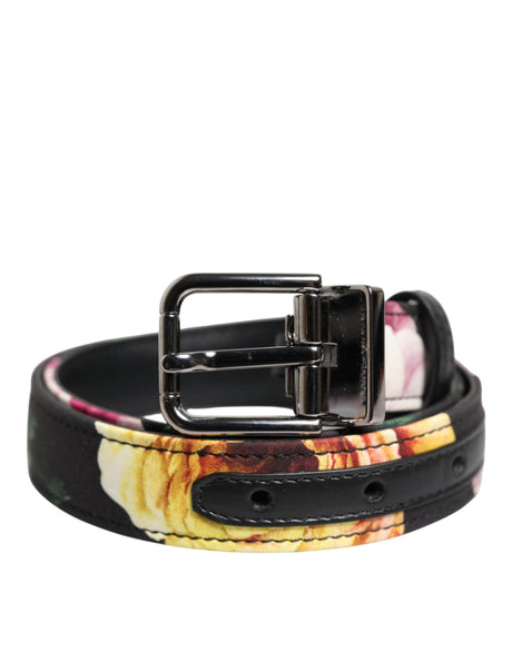 Dolce & Gabbana Black Floral Brocade Silver Metal Buckle Belt - Hilstor
