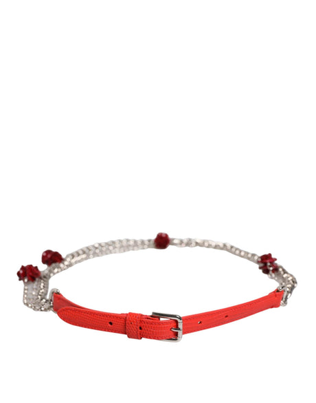 Dolce & Gabbana Red Leather Silver Chain Floral Cintura Belt - Hilstor