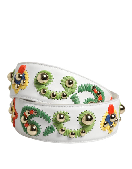 Dolce & Gabbana White Calfskin Raffia Embroidered Patchwork Shoulder Strap - Hilstor
