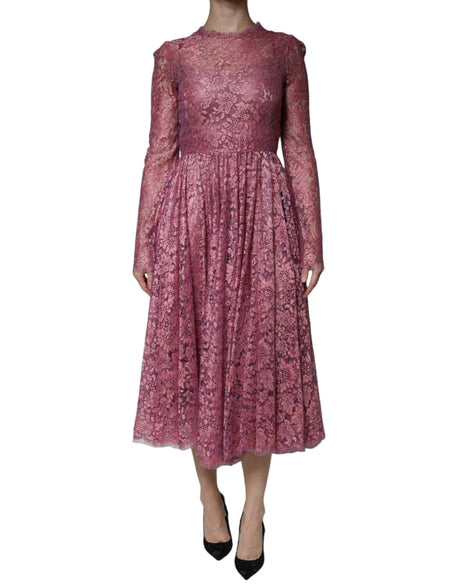 Dolce & Gabbana Pink Floral Lace Long Sleeve Midi Dress - Hilstor