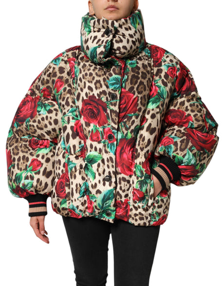 Dolce & Gabbana Multicolor Leopard Rose Puffer Quilted Jacket - Hilstor