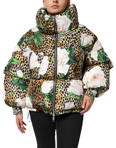 Dolce & Gabbana Multicolor Leopard Rose Puffer Quilted Jacket - Hilstor