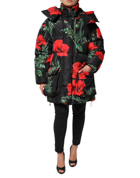 Dolce & Gabbana Black Floral Polyester Hooded Quilted Jacket - Hilstor
